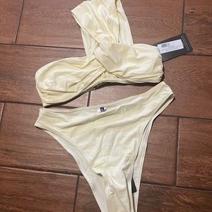 Cream Padded Tie One Shoulder Bikini Top & High Waist Bikini Bottom